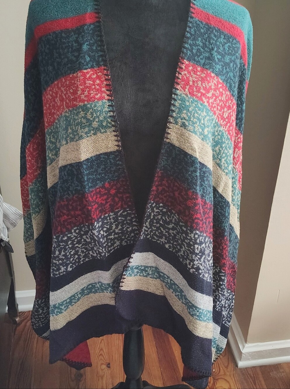 Striped Open-Front Women's Sweater Wrap - Teal, Red, Cream | One size fits